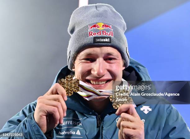 Marco Odermatt of Team Switzerland wins the gold medal during the FIS Alpine World Cup Championships Men's Giant Slalom on February 17, 2023 in...