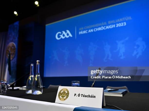 Dublin , Ireland - 17 February 2023; A general view of the placecard of Pat Teehan, outgoing Leinster GAA chairman Pat Teehan and GAA presidential...