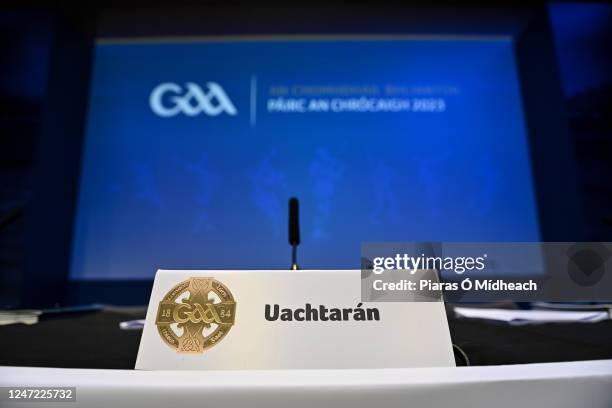 Dublin , Ireland - 17 February 2023; A general view of the placecard for Uachtarán Chumann Lúthchleas Gael Larry McCarthy before the start of day one...