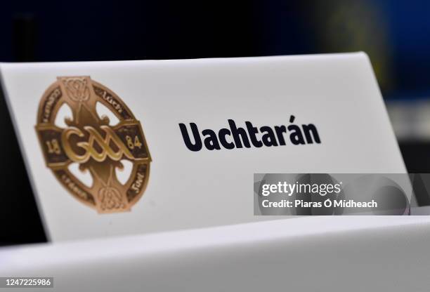 Dublin , Ireland - 17 February 2023; A general view of the placecard for Uachtarán Chumann Lúthchleas Gael Larry McCarthy before the start of day one...