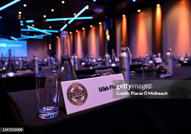 Dublin , Ireland - 17 February 2023; A general view of the placecard for Offaly delegates before the start of day one of the GAA Annual Congress 2023...