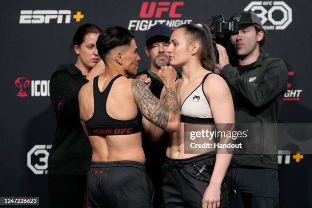 In this UFC handout, Jessica Andrade of Brazil and Erin Blanchfield face off during the UFC Fight Night weigh-in at UFC APEX on February 17, 2023 in...