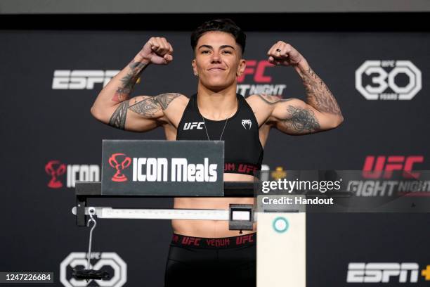 In this UFC handout, Jessica Andrade of Brazil poses on the scale during the UFC Fight Night weigh-in at UFC APEX on February 17, 2023 in Las Vegas,...