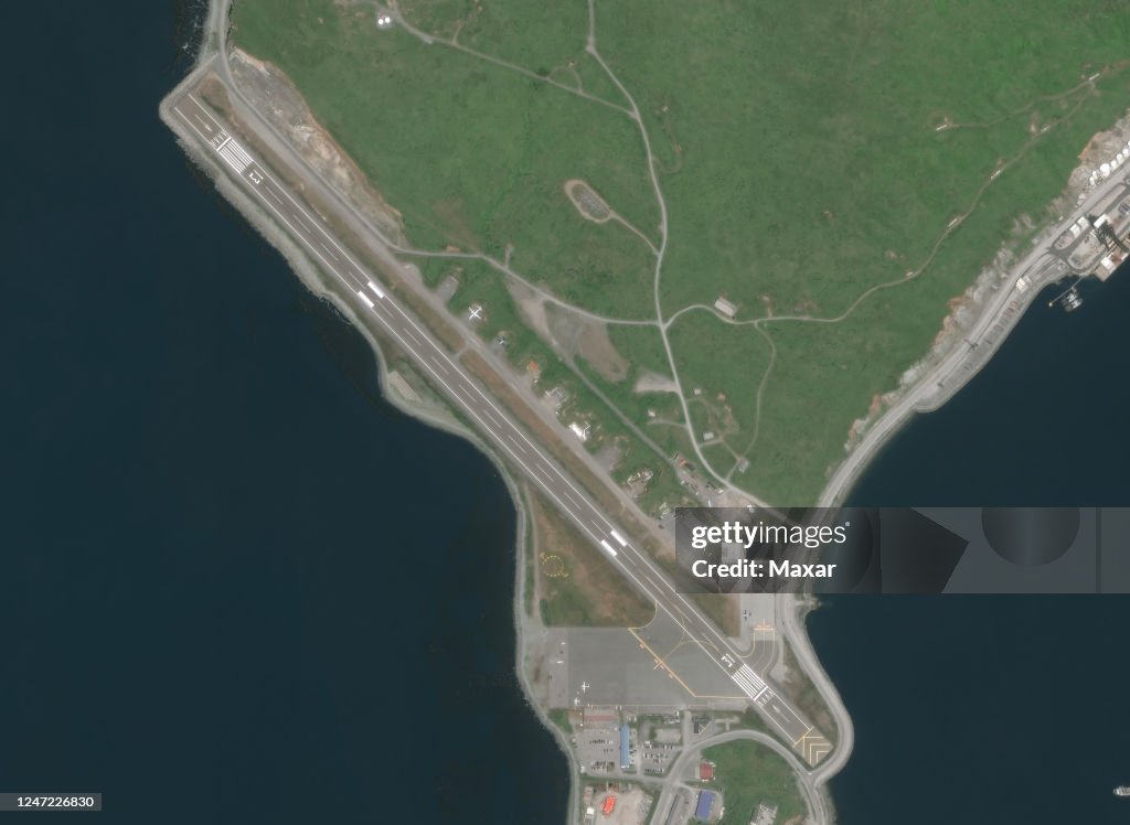 UNALASKA AIRPORT, ALASKA -- JULY 17, 2022: Maxar satellite closeup imagery of the Tom Madsen Dutch Harbor Airport in Unalaska, Alaska. Please use: Satellite image (c) 2022 Maxar Technologies.