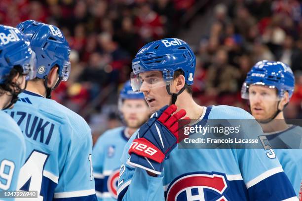 Justin Barron of the Montreal Canadiens stands on the ice during the second period in the HNL game against the New York Islanders at the Centre Bell...