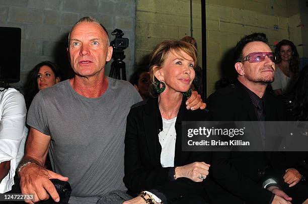 Sting, Trudie Styler, and Bono attend the Edun Spring 2012 fashion show during Mercedes-Benz Fashion Week at 330 West Street on September 11, 2011 in...