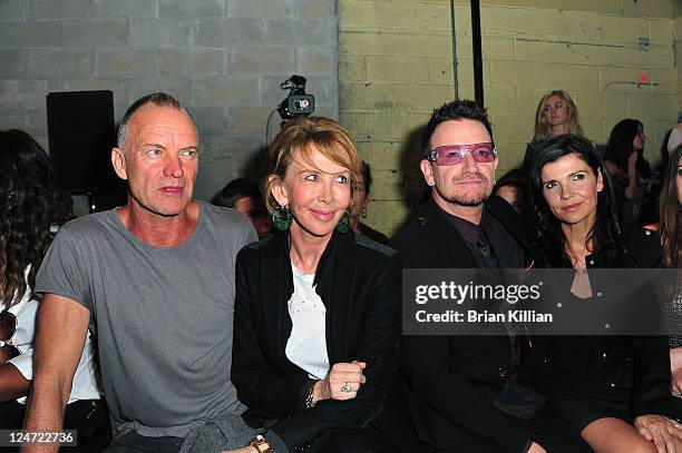 Sting, Trudie Styler, Bono and Alison Hewson attend the Edun Spring 2012 fashion show during Mercedes-Benz Fashion Week at 330 West Street on...