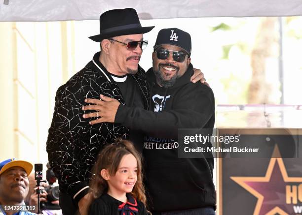 Ice-T, Chanel Nicole Marrow and Ice Cube at the star ceremony where Ice-T is honored with a star on the Hollywood Walk of Fame on February 17, 2023...