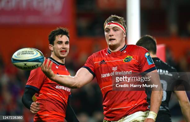 Limerick , Ireland - 17 February 2023; Gavin Coombes of Munster celebrates after scoring his side's first try during the United Rugby Championship...