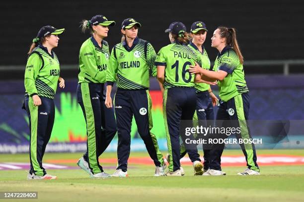 Ireland players celebrate after the dismissal of West Indies' Shabika Gajnabi during the Group B T20 women's World Cup cricket match between West...