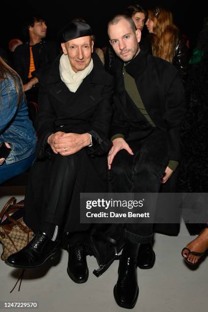 Designer Stephen Jones and Dan Thawley attend the Conner Ives front row during London Fashion Week February 2023 at the BFC NEWGEN Show Space on...