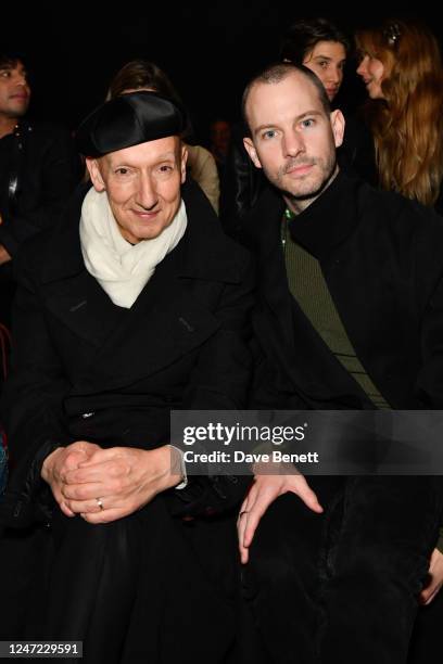 Designer Stephen Jones and Dan Thawley attend the Conner Ives front row during London Fashion Week February 2023 at the BFC NEWGEN Show Space on...