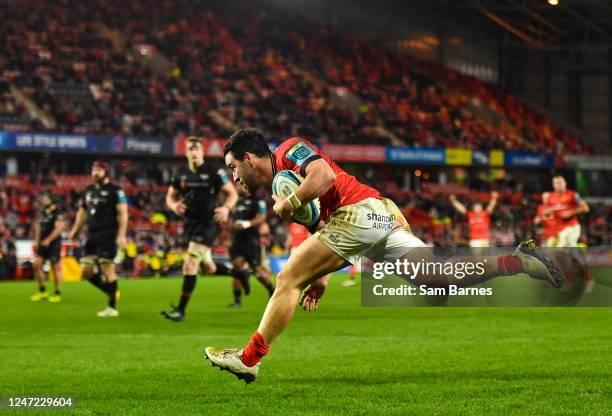 Limerick , Ireland - 17 February 2023; Paddy Patterson of Munster scores his side's fifth try during the United Rugby Championship match between...