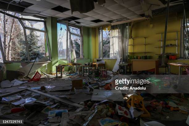 Kindergarten destroyed during the russian shelling in February-March of last year in Kharkiv, Ukraine on February 17, 2023. During the full-scale...