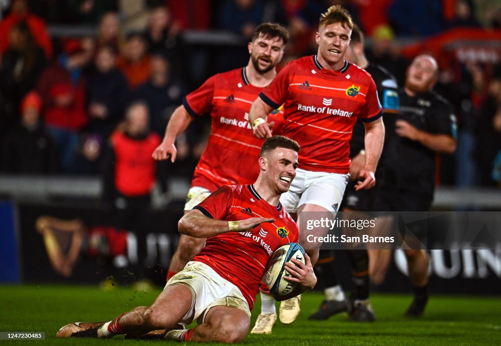 Shane Anderson Rugby Limerick , Ireland - 17 February 2023; Shane Daly of Munster scores ...
