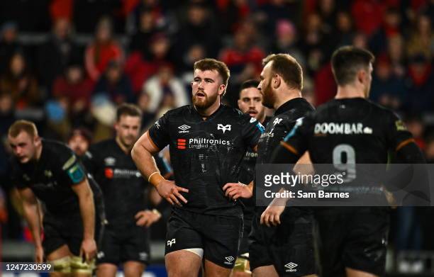 Limerick , Ireland - 17 February 2023; Ospreys players react after conceding a seventh try during the United Rugby Championship match between Munster...