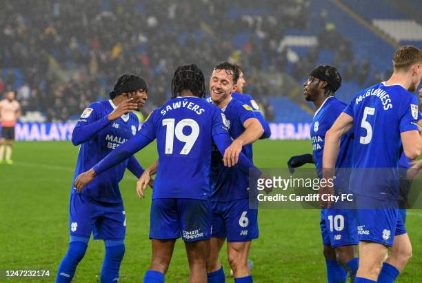 Cardiff City FC celebrates Romaine Sawyers goal against Reading during the Sky Bet Championship between Cardiff City and Reading at Cardiff City...