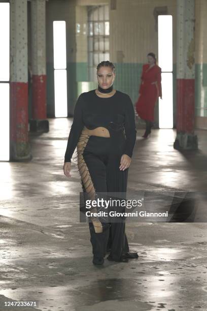 Model on the runway at Karoline Vitto's Fashion East Fall 2023 Ready To Wear Fashion Show on February 17, 2023 at Ely's Yard,Turman Brewery in...