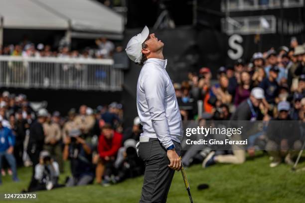 Rory McIlroy lets out a sigh of relief after making a birdie putt on the 9th hole during round two of the Genesis Invitational on February 17, 2023...