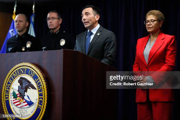 Los Angeles, CA, Friday, February 17, 2023 - LA Mayor Karen Bass looks on as U.S. Attorney Martin Estrada speaks at a press conference announcing the...