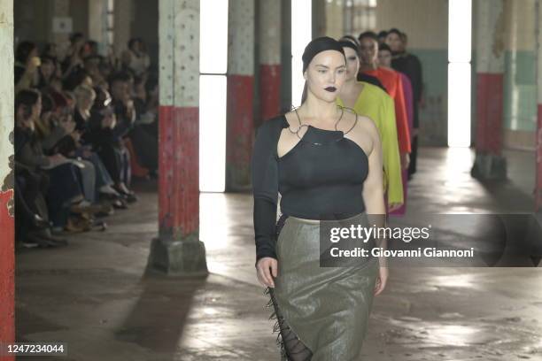 Model on the runway at Karoline Vitto's Fashion East Fall 2023 Ready To Wear Fashion Show on February 17, 2023 at Ely's Yard,Turman Brewery in...