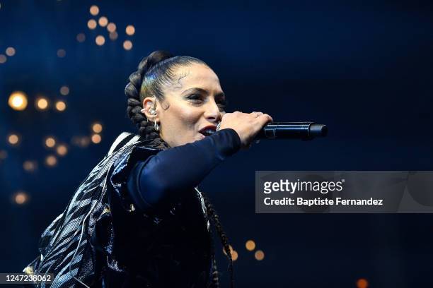 French singer ZAHO perform during the IBO fight between Estelle Mossely and Anisha Basheel at Salle Wagram on February 17, 2023 in Paris, France.
