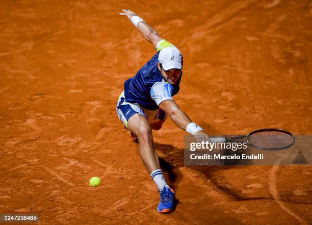 Dusan Lajovic of Serbia plays a backhand in the Quarter Finals singles match against Carlos Alcaraz of Spain during day three of the ATP 250...