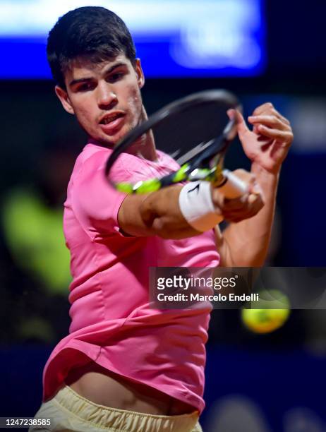 Carlos Alcaraz of Spain plays a forehand in the Quarter Finals singles match against Dusan Lajovic of Serbia during day three of the ATP 250...