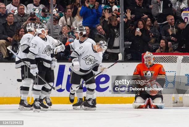 Blake Lizotte of the Los Angeles Kings celebrates after scoring a first-period goal as goaltender John Gibson of the Anaheim Ducks reacts during the...