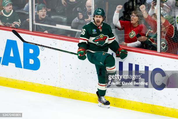 Mats Zuccarello of the Minnesota Wild celebrates his power play goal against the Dallas Stars in the third period of the game at Xcel Energy Center...