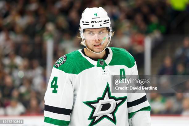 Miro Heiskanen of the Dallas Stars looks on against the Minnesota Wild in the first period of the game at Xcel Energy Center on February 17, 2023 in...