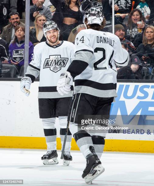 Viktor Arvidsson of the Los Angeles Kings celebrates his second-period goal with Phillip Danault during the game against the Anaheim Ducks at Honda...