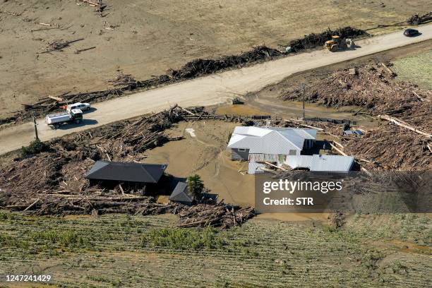 House lays destroyed by Cyclone Gabrielle in the Esk Valley near Napier on 18 February, 2023. - New Zealand is under a national state of emergency...