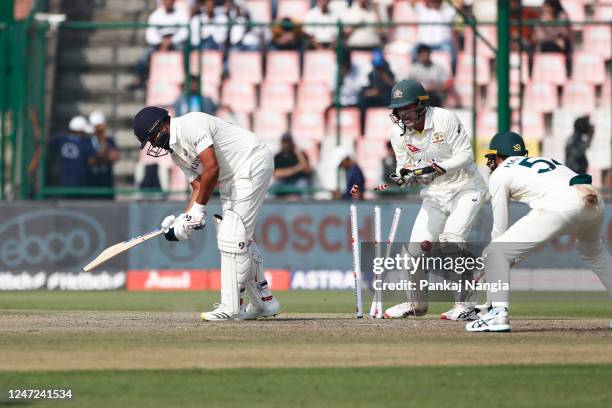 Rohit Sharma of India blowed out by Nathan Lyon of Australia during day two of the Second Test match in the series between India and Australia at...