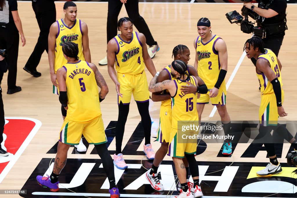 Spring Stars Game Team Pau celebrate after winning the Rising Stars Game during Jordan ...