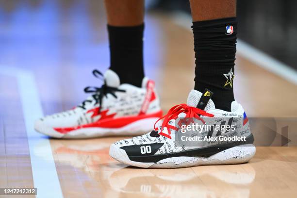 Detail view of Bennedict Mathurin of Team Pau's Adidas shoes during the Jordan Rising Stars Game as part of 2023 NBA All Star Weekend at Vivint Arena...