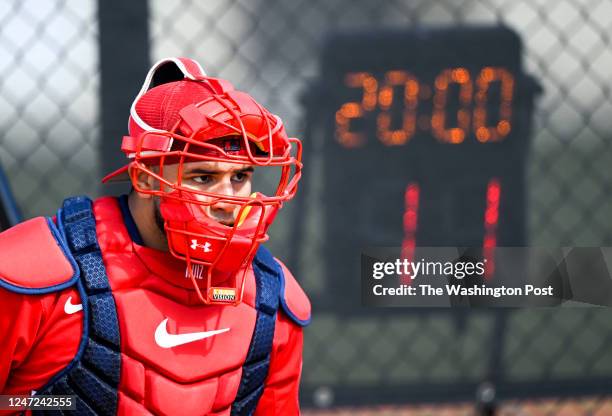 Washington Nationals catcher Keibert Ruiz waits for a pitch as the newly implemented pics clock counts down during spring training workouts at the...