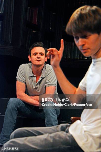British actors Andrew Sheridan and Matthew Tennyson in rehearsals for Robert Holman's "A Breakfast of Eels" directed by Robert Hastie at The Print...