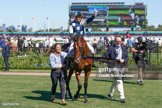 Coolangatta ridden by Jamie Kah returns to the mounting yard after winning the Black Caviar Lightning at Flemington Racecourse on February 18, 2023...