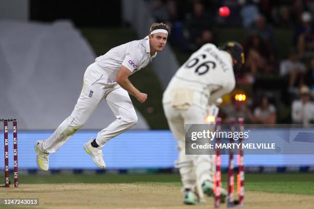England's Stuart Broad bowls New Zealand's Tom Blundell during day three of the first cricket Test match between New Zealand and England at Bay Oval...