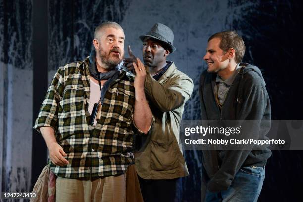 Actors Phil Jupitus, Vinta Morgan and Oscar Batterham performing as Bottom, Snout and Flute respectively in a dress rehearsal for an adaptation of...