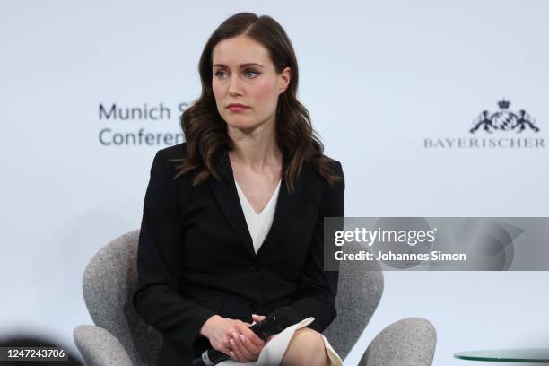 Prime Minister of Finland, Sanna Marin, attends a panel talk with President of the European Commission, Ursula von der Leyen during the 2023 Munich...