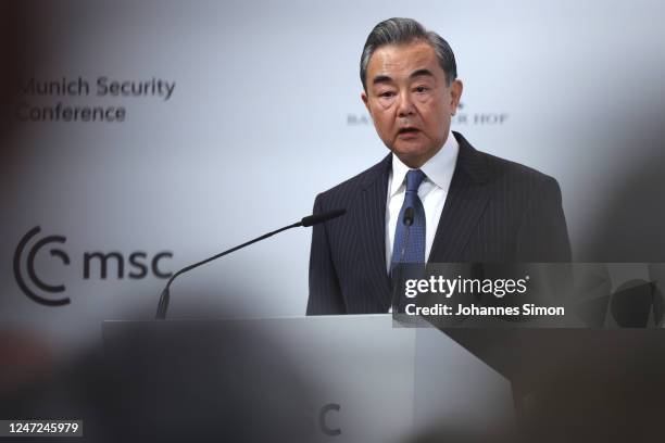 Chinese foreign affairs Minister Wang Yi speaks during the 2023 Munich Security Conference on February 18, 2023 in Munich, Germany. The Munich...