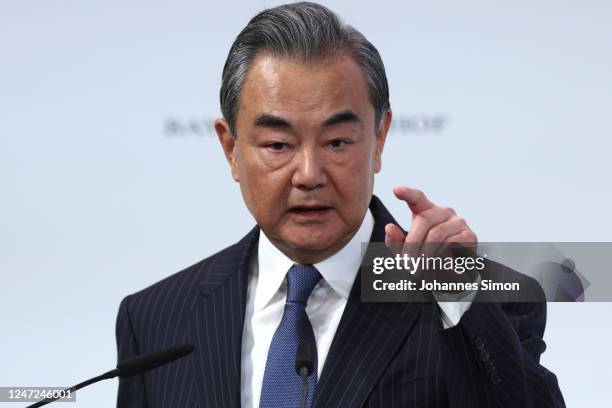 Chinese foreign affairs Minister Wang Yi speaks during the 2023 Munich Security Conference on February 18, 2023 in Munich, Germany. The Munich...