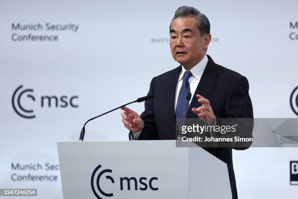Chinese foreign affairs Minister Wang Yi speaks during the 2023 Munich Security Conference on February 18, 2023 in Munich, Germany. The Munich...