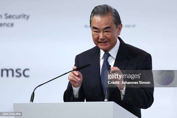 Chinese foreign affairs Minister Wang Yi speaks during the 2023 Munich Security Conference on February 18, 2023 in Munich, Germany. The Munich...
