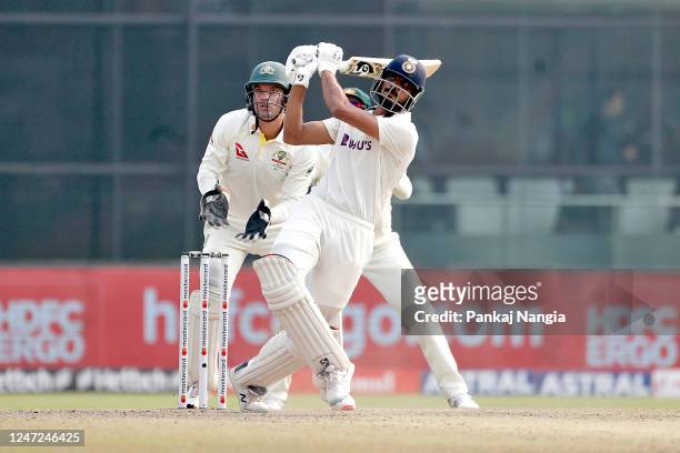 Axar Patel of India plays a shot during day two of the Second Test match in the series between India and Australia at Arun Jaitley Stadium on...