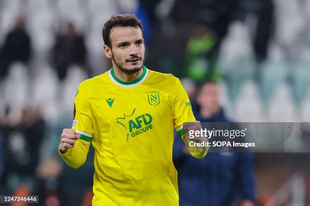 Pedro Chirivella of FC Nantes celebrates victory at the end of the UEFA Europa League 2022/23 Play-off first leg football match between Juventus FC...
