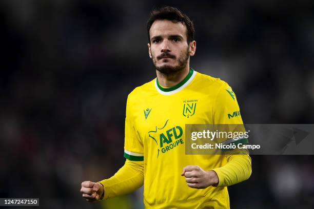 Pedro Chirivella of FC Nantes celebrates at the end of the UEFA Europa League knockout round play-off leg one football match between Juventus FC and...