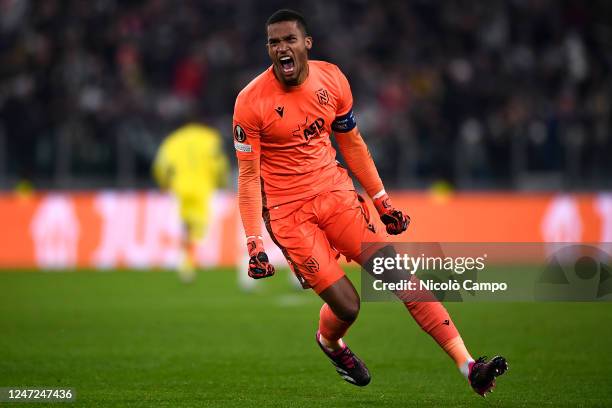 Alban Lafont of FC Nantes celebrates during the UEFA Europa League knockout round play-off leg one football match between Juventus FC and FC Nantes....
